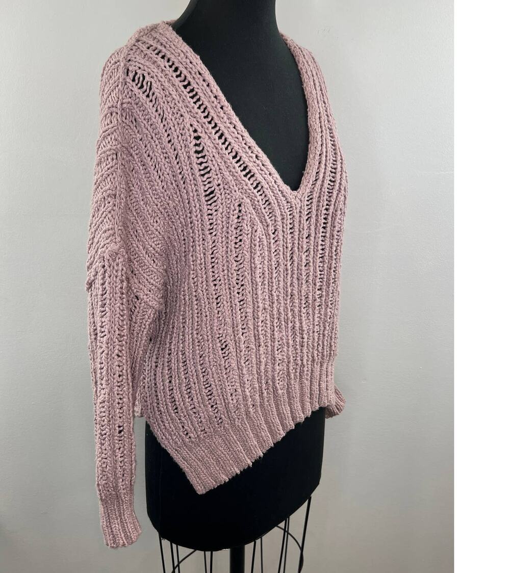 Free People Dusty Pink Mauve Open Knit Chunky V-Neck Oversized Tunic Sweater XS